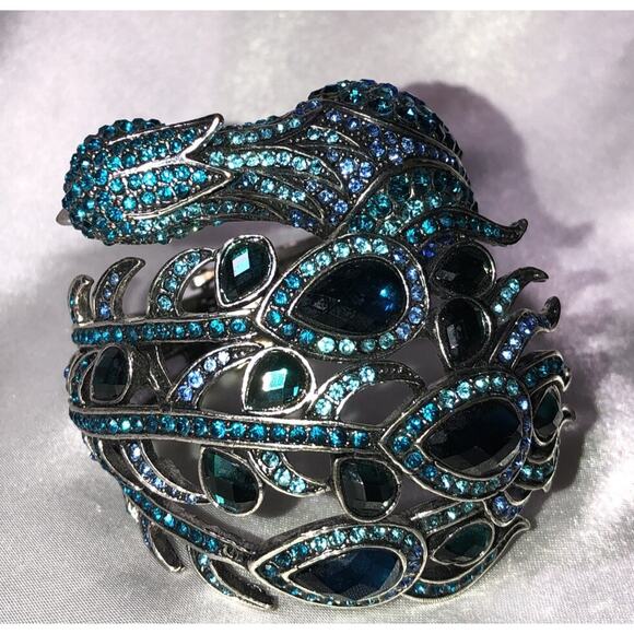 Peacock Bracelet Art Deco Rhinestone Hinged Cuff Wrap Clamp Aqua Blue - Picture 6 of 11
